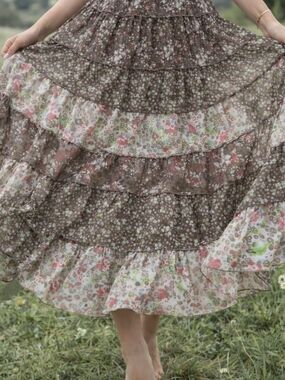 Floral Tiered Ruffle Skirt M Boho Prairie Festival Cottagecore Sheer Layered Ela